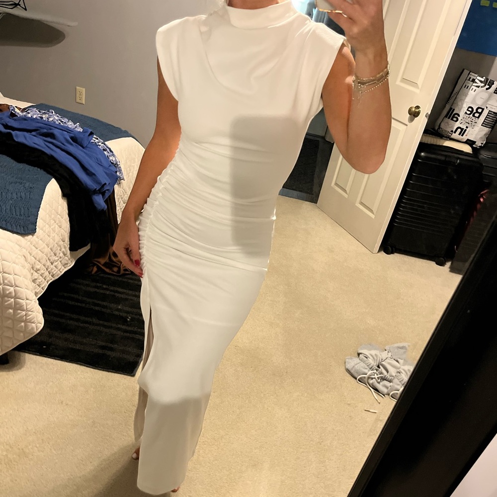 Anthropologie white high neck ruched dress